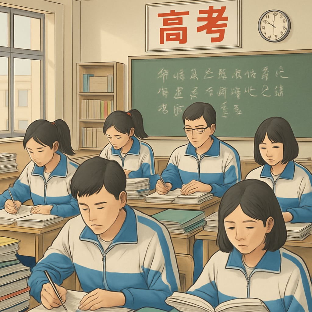 Chinese students preparing for the Gaokao exam in a classroom setting.