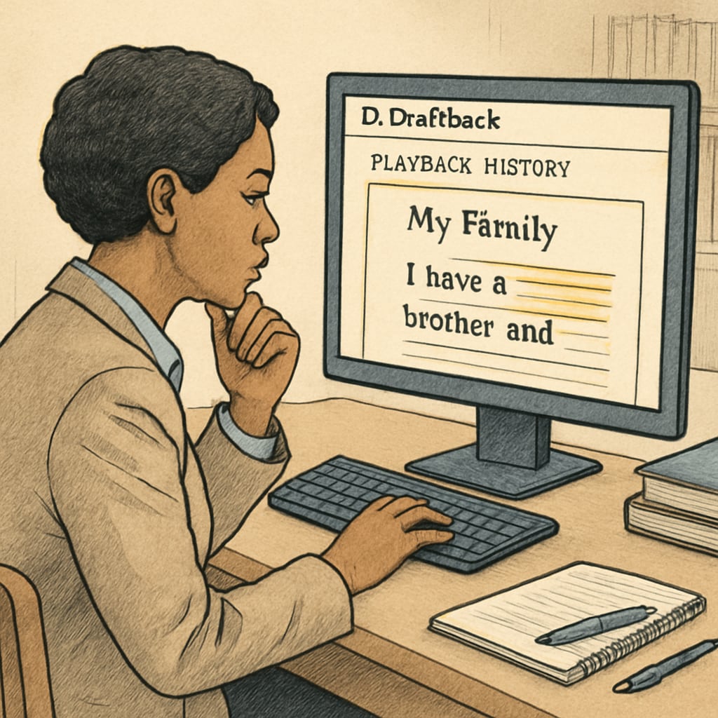 An educator reviewing a draftback playback history to analyze the writing process of a student. Teacher analyzing draftback writing history for plagiarism detection in student assignments.
