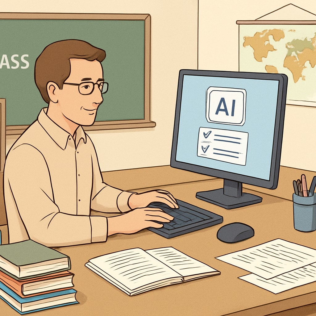 AI software helping a teacher reduce workload by automating grading tasks.