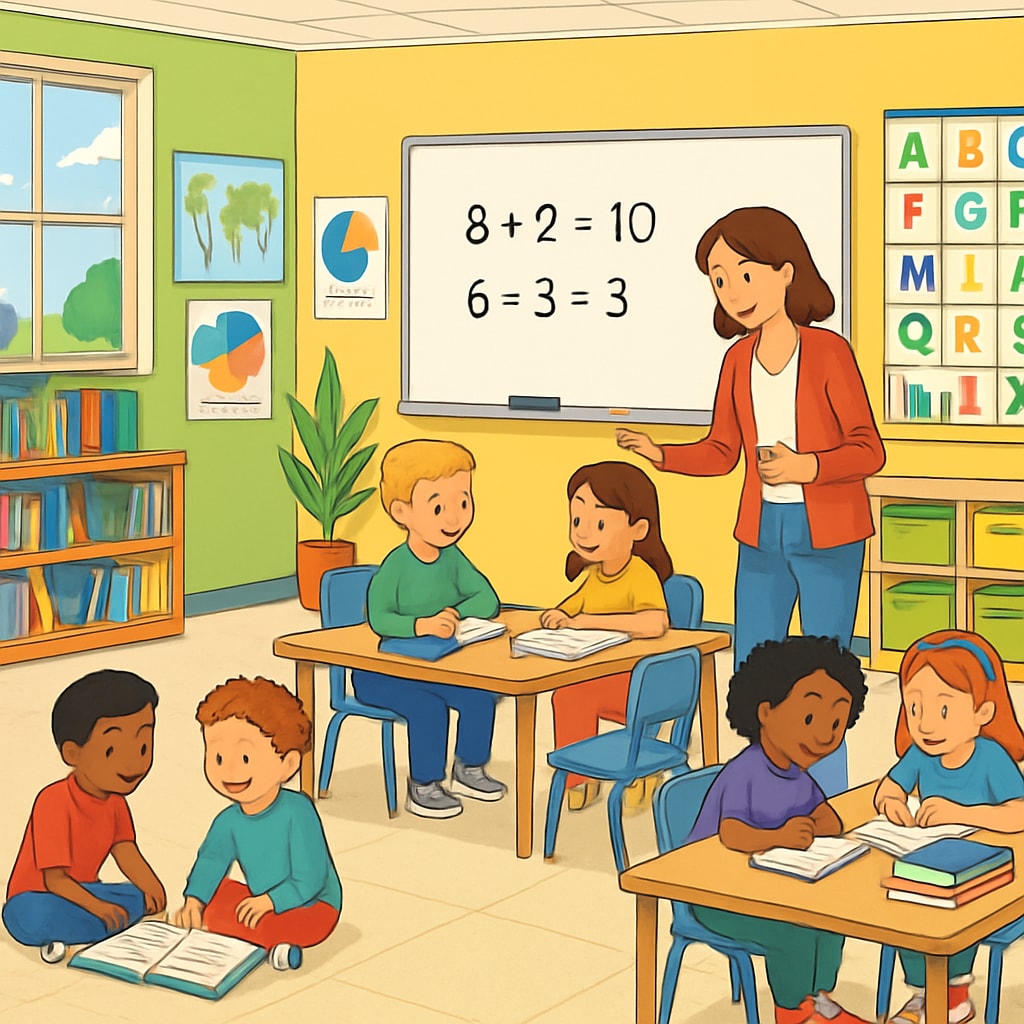 A modern elementary school classroom with students engaged in learning activities.