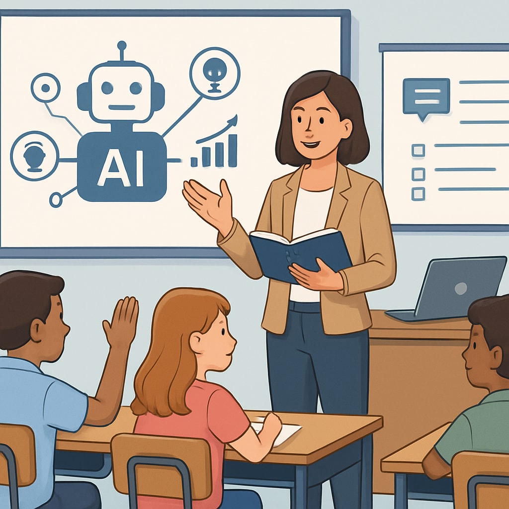 Teacher engaging with students while using AI-powered educational tools.