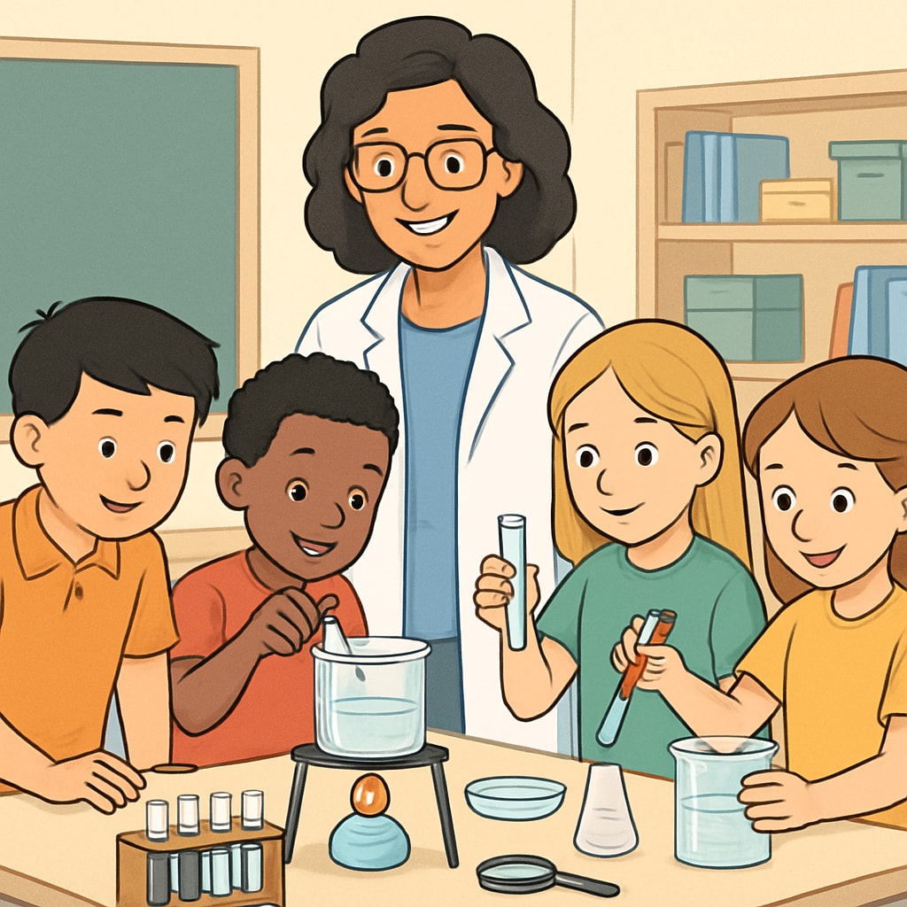 Elementary students conducting a science experiment with teacher supervision.
