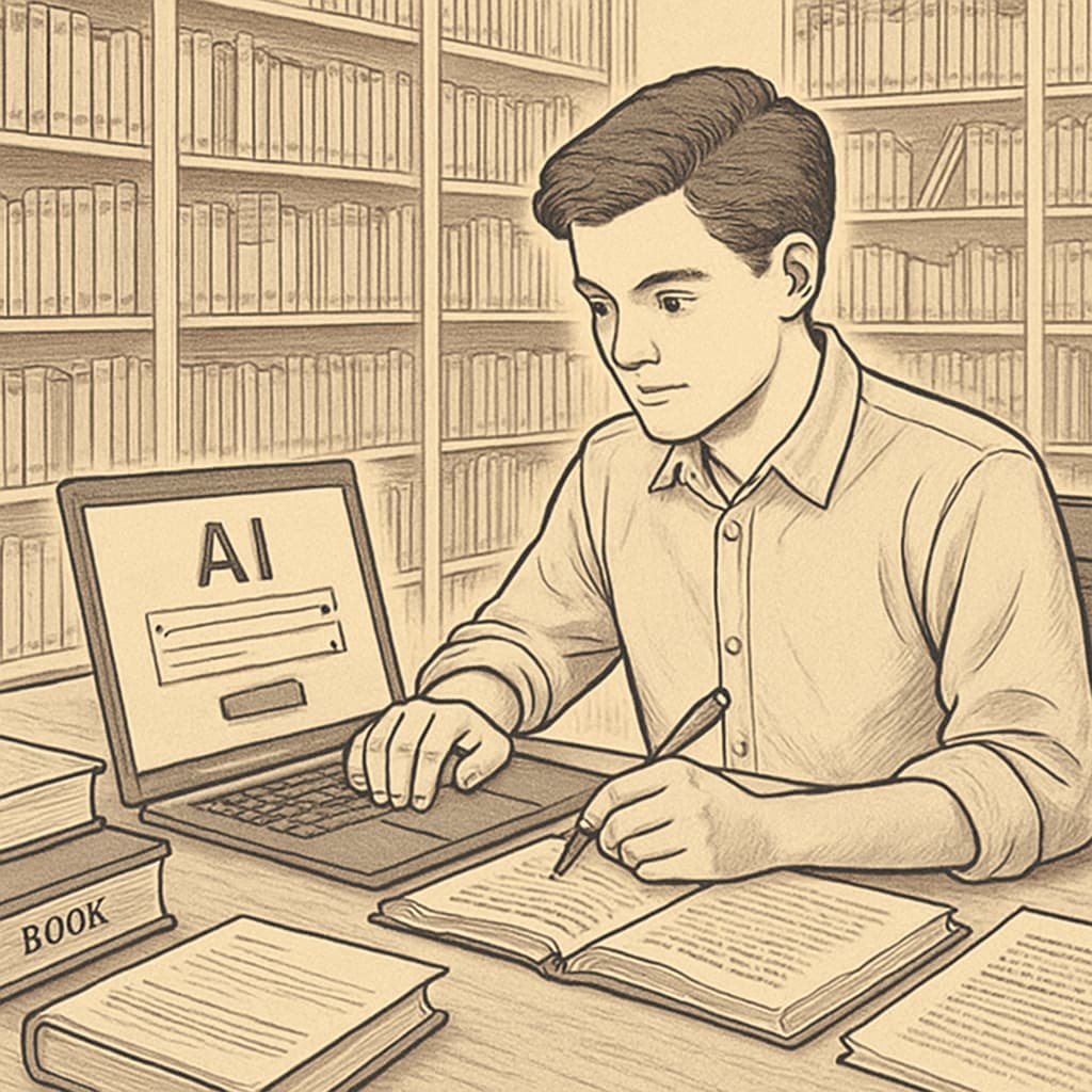 A college student using an AI tool on their laptop at a library, showcasing academic use of technology. College student using AI tools like ChatGPT Plus, Perplexity Pro, Claude Pro for academic help.