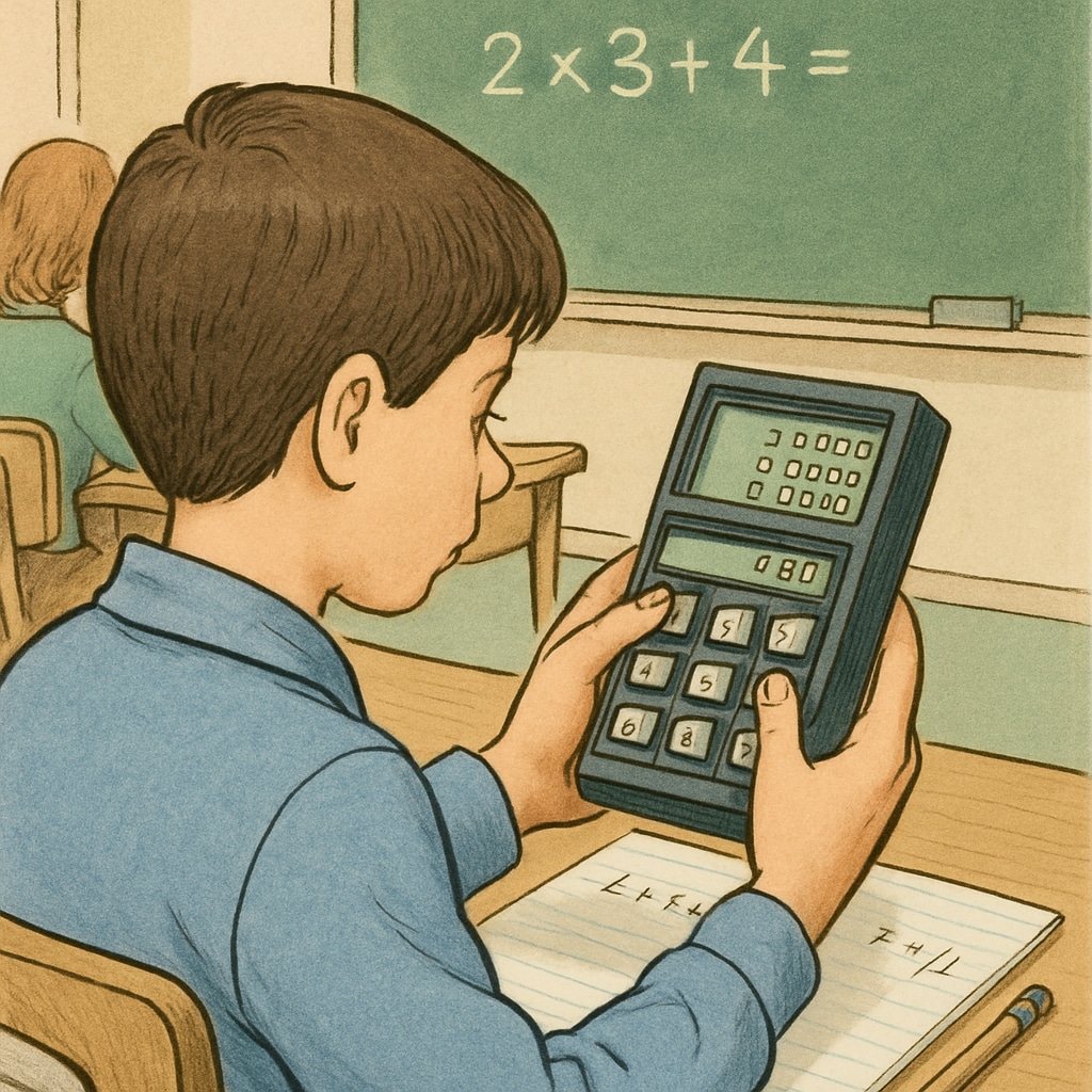 Student using RPN calculator to solve math problems, illustrating its educational application.