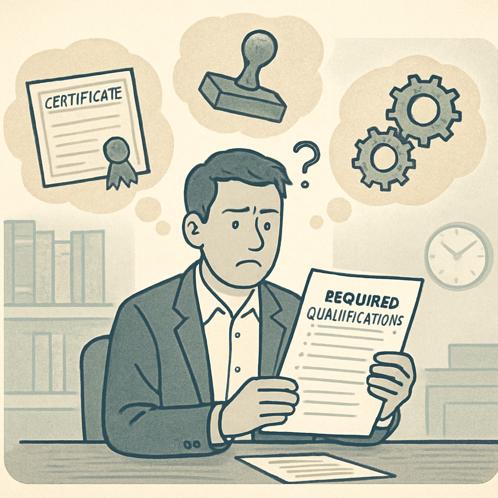 A perplexed job applicant reviewing required qualifications for a position, symbolizing frustration with outdated credentialing systems. Job applicant frustrated by Arizona’s employment eligibility requirements.