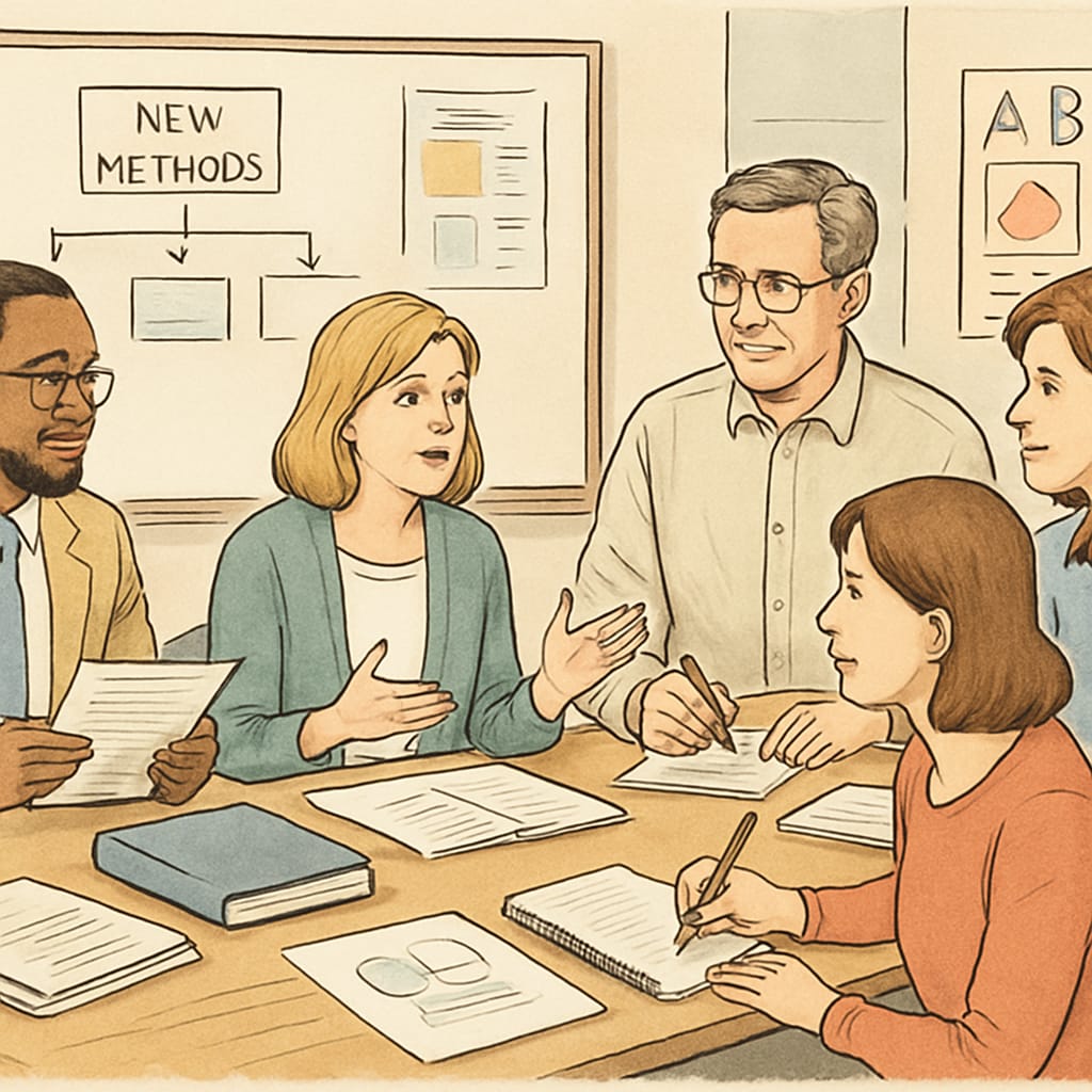 A collaborative workshop between university professors and K12 educators, focusing on innovative teaching methods. University professors and K12 educators collaborating on teaching methods during a workshop.