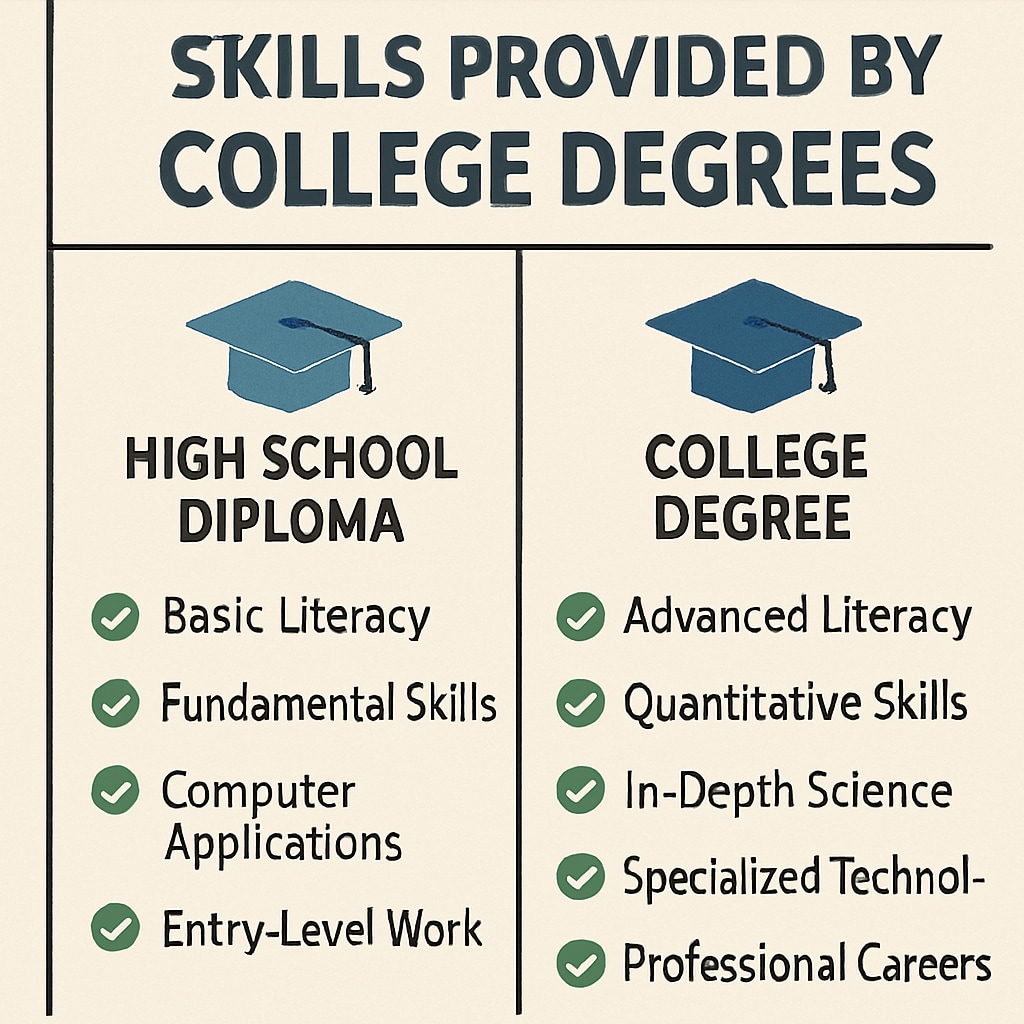 A comparison chart showing the skills provided by high school diplomas versus college degrees, emphasizing the latter’s advanced scope of expertise. Chart comparing high school diplomas and college degrees for employment eligibility.