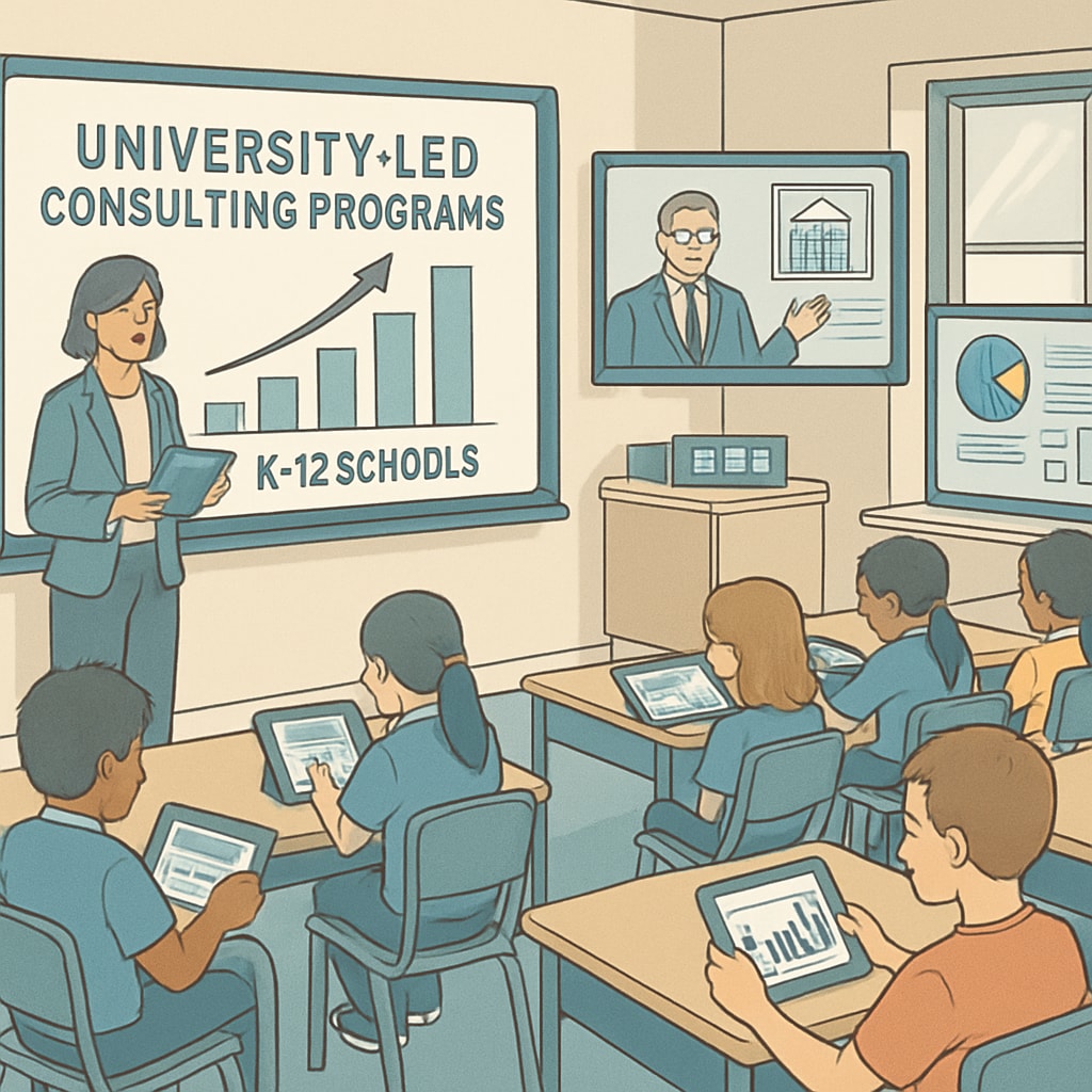 A classroom equipped with modern technology, showcasing the impact of university-led consulting in K12 schools. Classroom with modern technology provided through university consulting services.