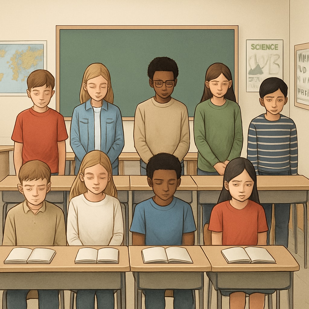 A classroom of students observing a moment of silence, symbolizing the generalized mourning debate. Students in a classroom observing a moment of silence for global war victims, including Gaza.