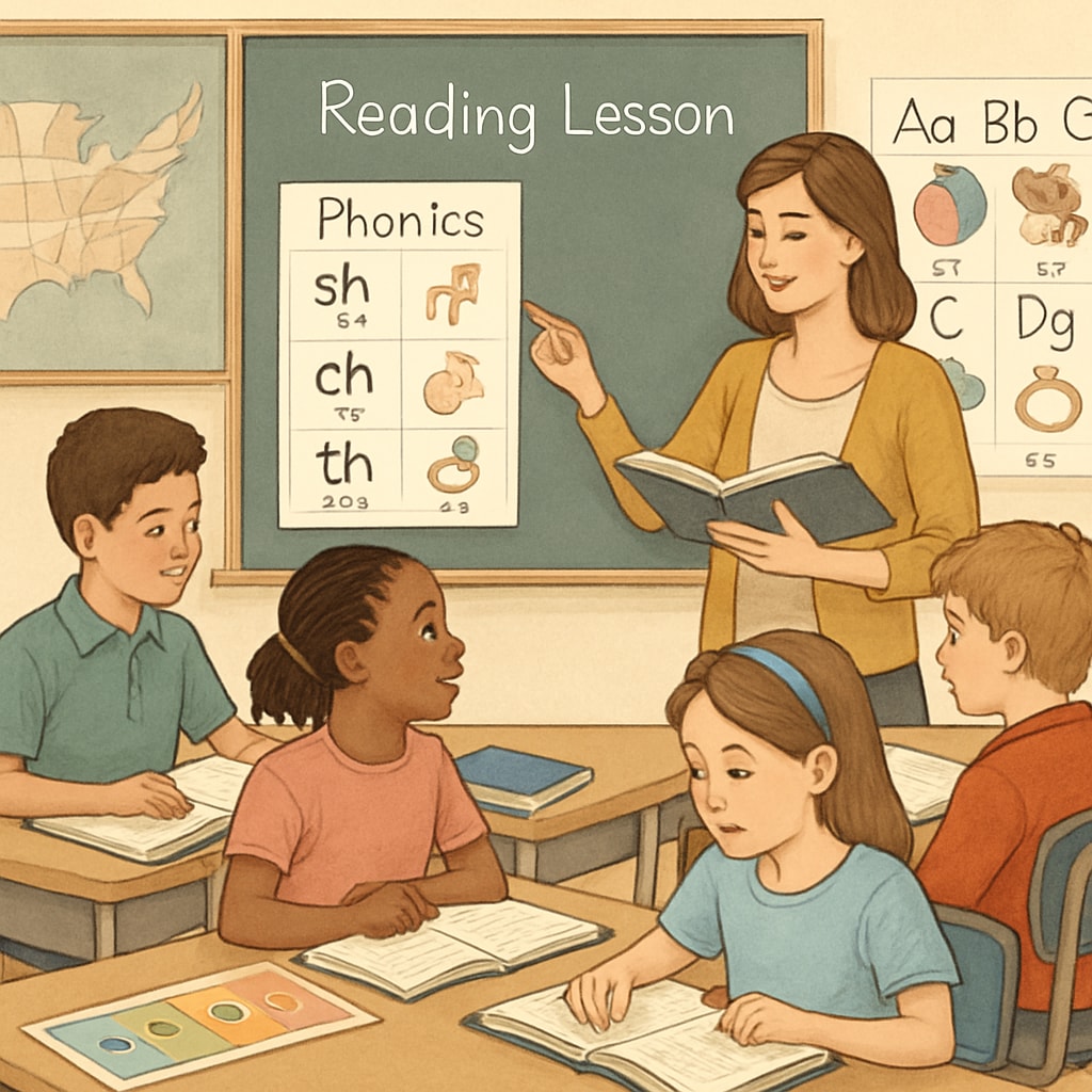 Students in a classroom during a reading lesson with phonics materials.