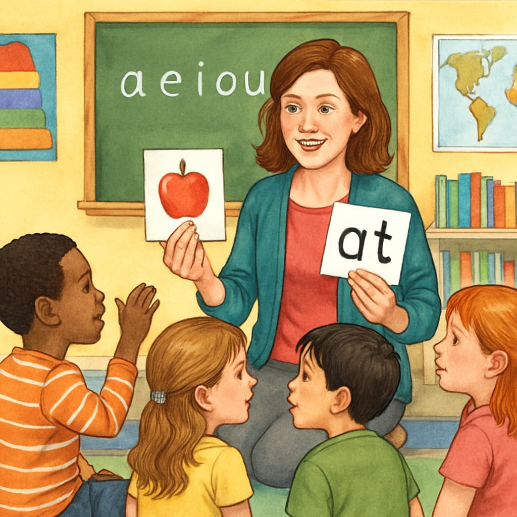 Teacher using flashcards to teach phonics to children.