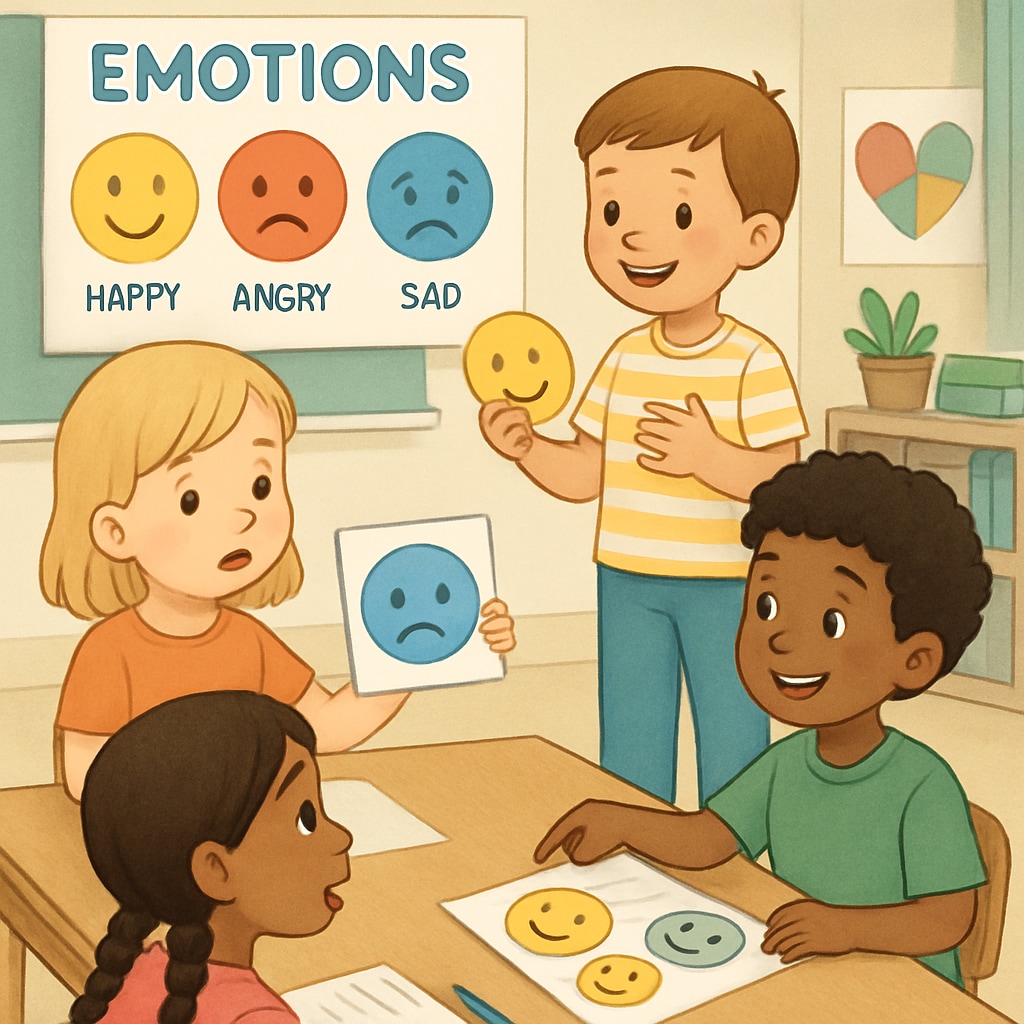 Children engaging in emotional education activities in a classroom setting.