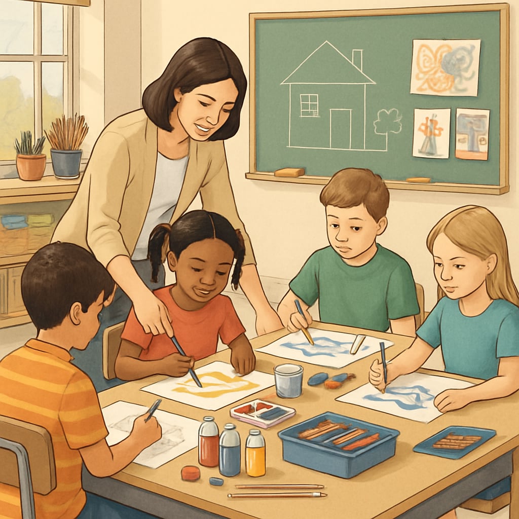 A classroom setting with art supplies and a teacher guiding students in an art project. Art teacher guiding students in a classroom setting with art supplies.