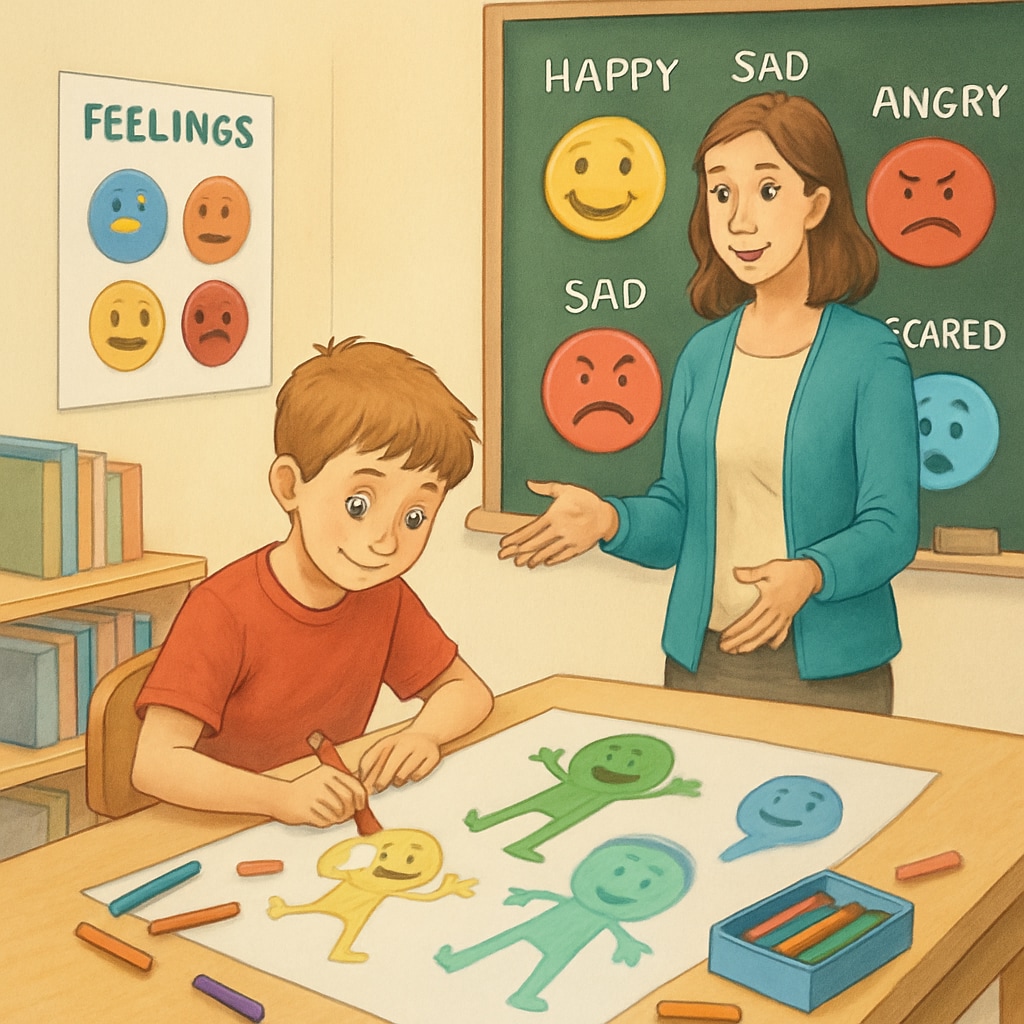 Child using art to learn about emotions under teacher guidance.