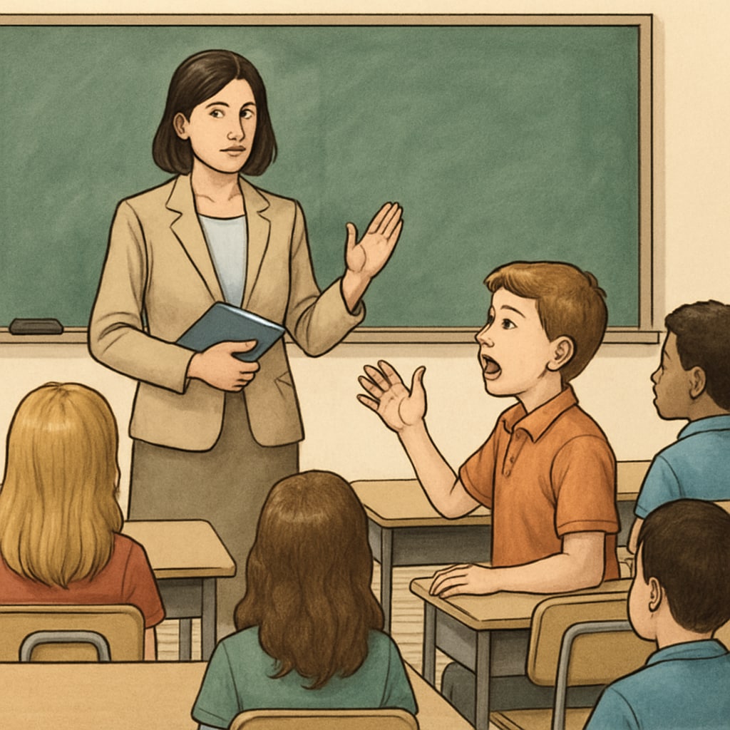 A teacher addressing a classroom while one student disrupts the session, illustrating the challenge of managing disruptive behavior. A teacher managing a disruptive student in a public school classroom.