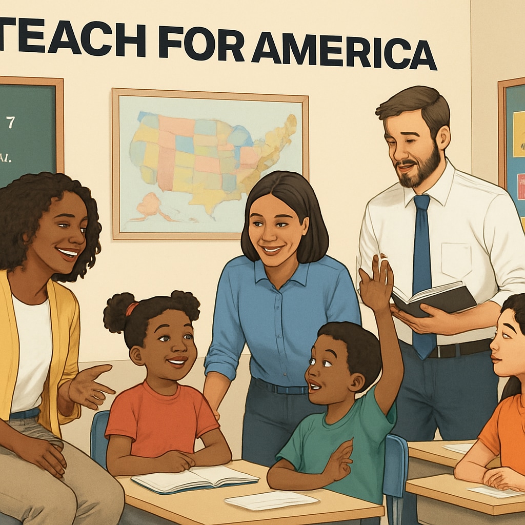 A diverse group of Teach for America fellows interacting with students in a classroom. Teach for America fellows working with students in an interactive classroom setting.
