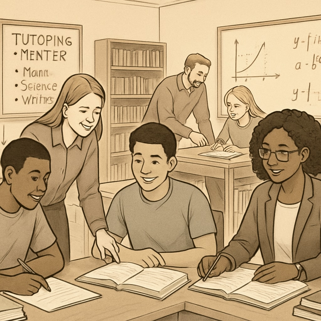 A university tutoring center where students and mentors collaborate in a supportive learning environment. University tutoring center supporting student academic success.