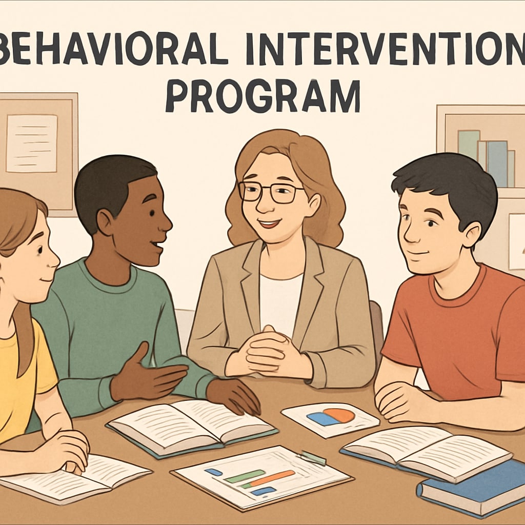 A small group of students and a counselor working together in a behavioral intervention program. Students participating in a behavioral intervention program with a school counselor.