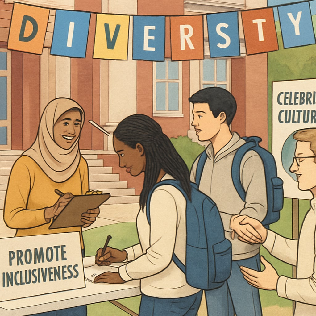 Students participating in a multicultural campus event, promoting diversity and inclusiveness. Multicultural campus event fostering inclusiveness and student engagement.