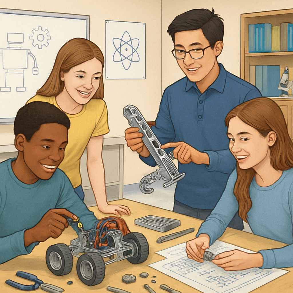 A high school classroom showing students engaged in a STEM-related project, emphasizing robotics and engineering. STEM education in high school with students working on robotics projects