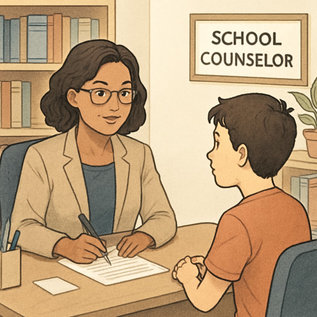 A school counselor providing emotional and academic support to a student, showcasing a non-teaching role in education.