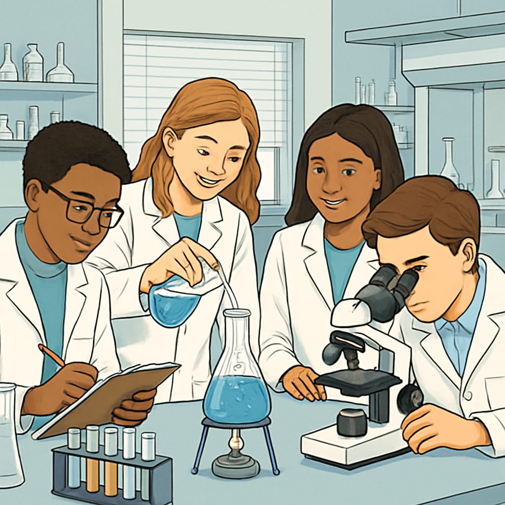 A group of students collaborating on a science experiment in a state-of-the-art laboratory setting. High school students conducting science experiments in a modern lab