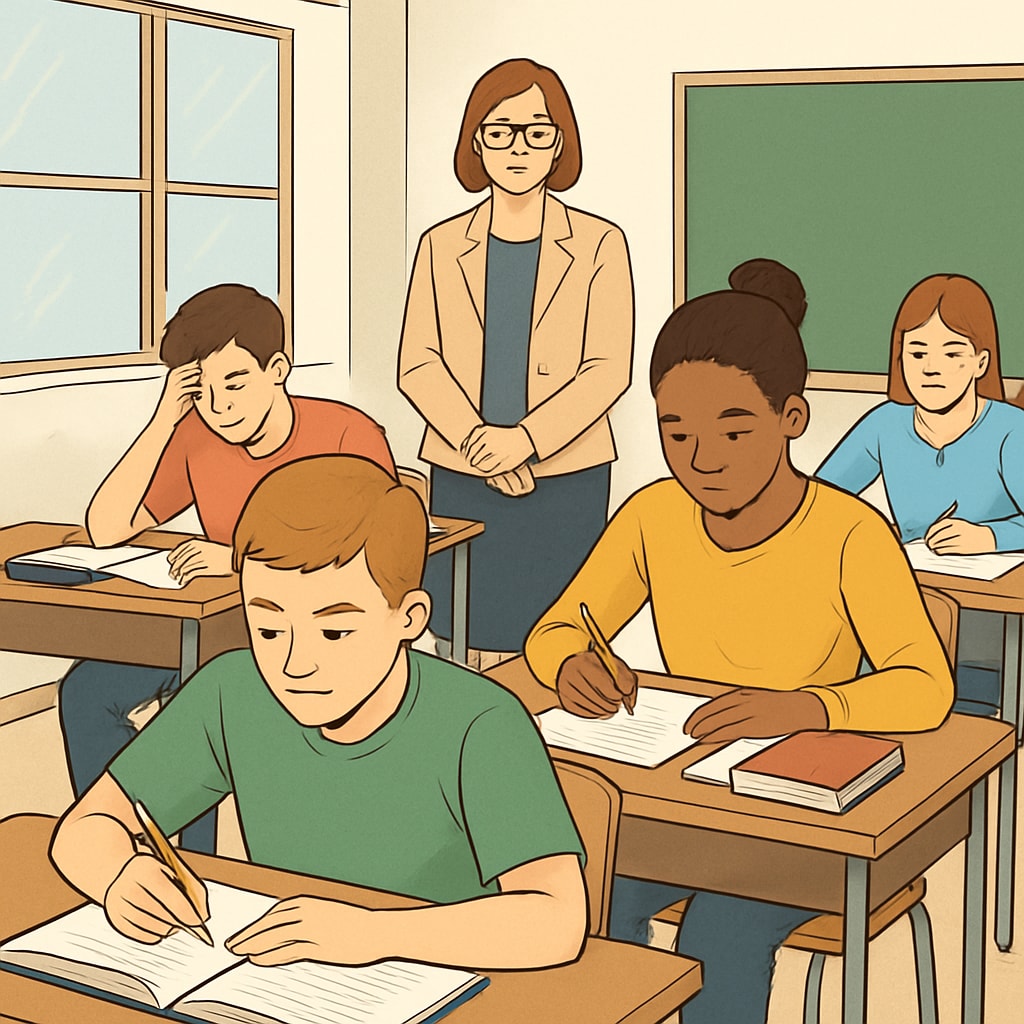 Students taking an exam in a classroom to represent academic evaluation.