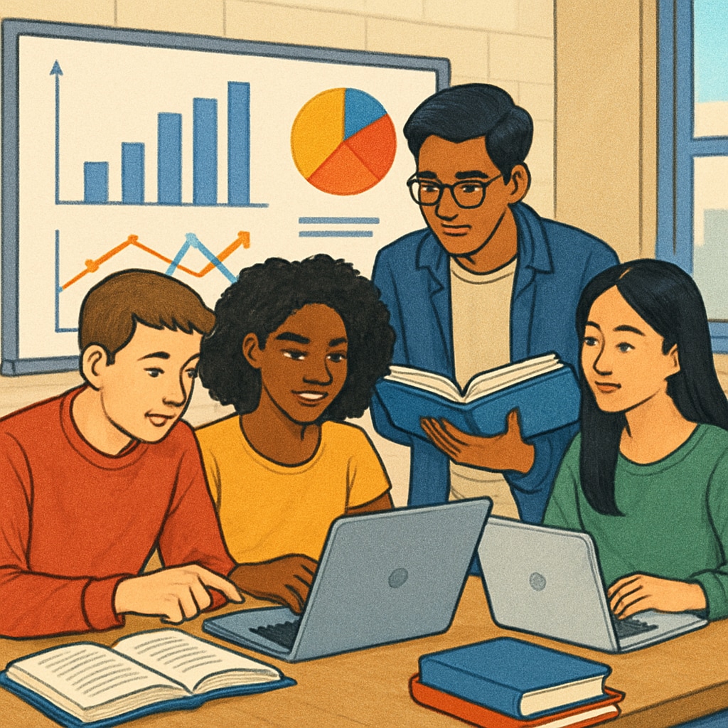 International students discussing data science coursework at a U.S. university.