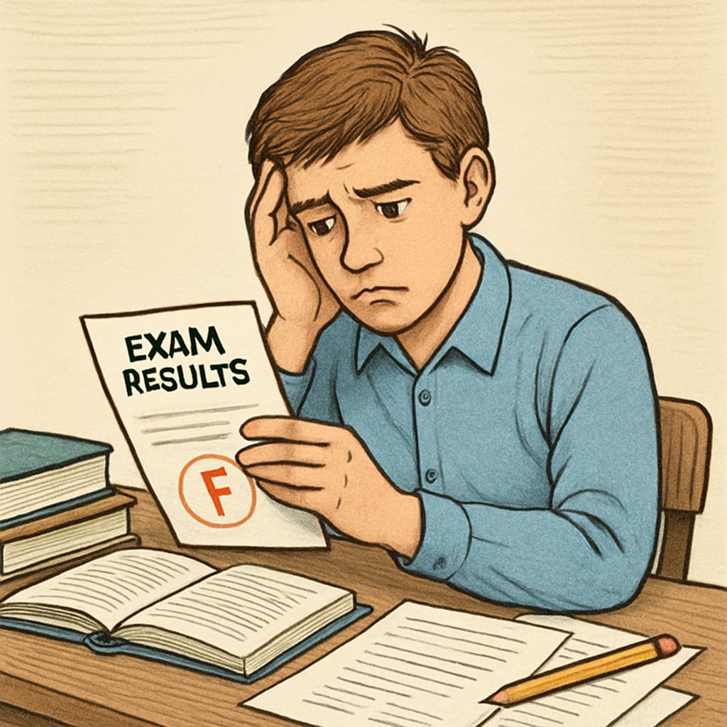 A student holding exam results, highlighting the emotional toll of grading disputes.