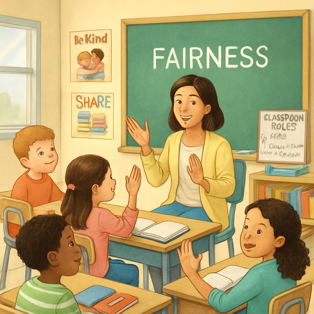 An illustration of young children in a classroom learning about fairness through storytelling. Classroom illustration depicting first graders learning about fairness, diversity, and inclusion.