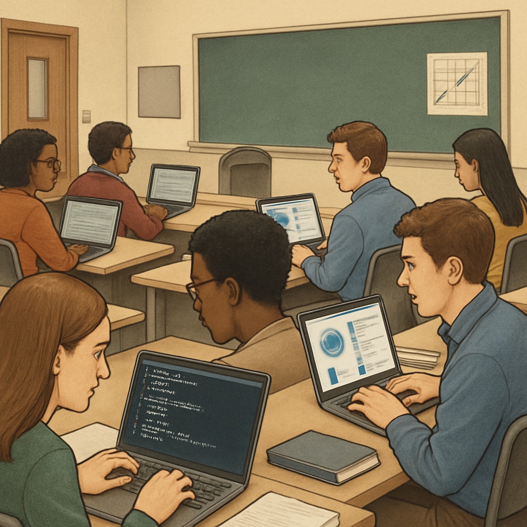 Students analyzing data in a U.S. university data science program.
