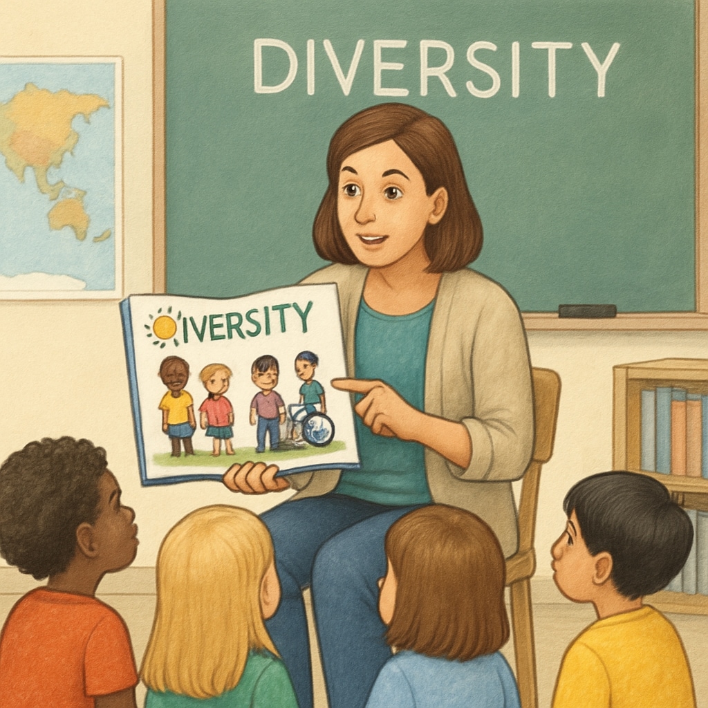 A teacher using a picture book to explain diversity to first-grade students in a classroom setting. Teacher explaining diversity using a picture book to first-grade students.