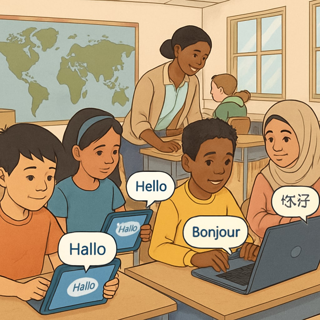 Students using a multilingual learning app in a diverse classroom setting.