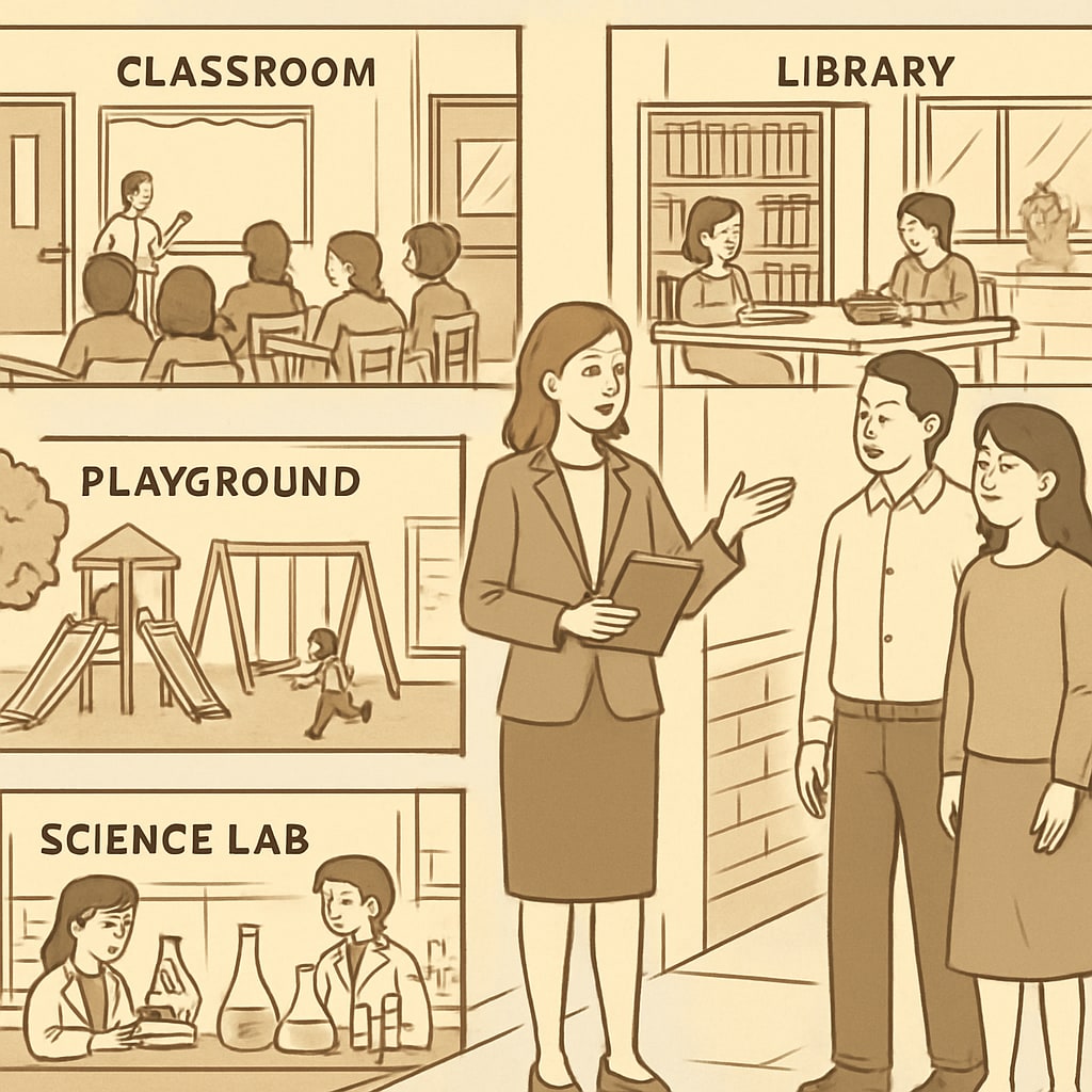 Parents visiting a school and exploring its facilities