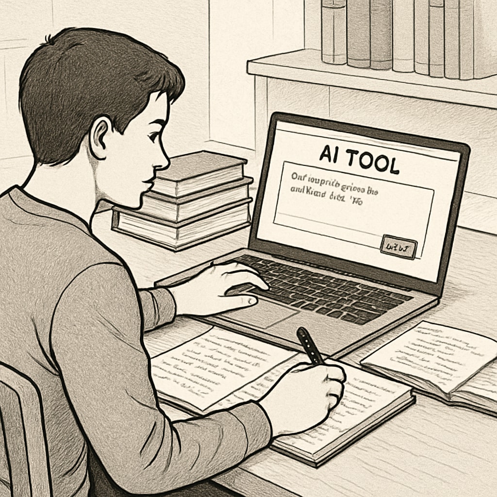 A college student engaging with AI tools like ChatGPT Plus for academic improvement.