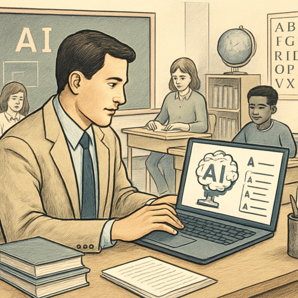 Teacher using AI grading tool to streamline administrative workload.