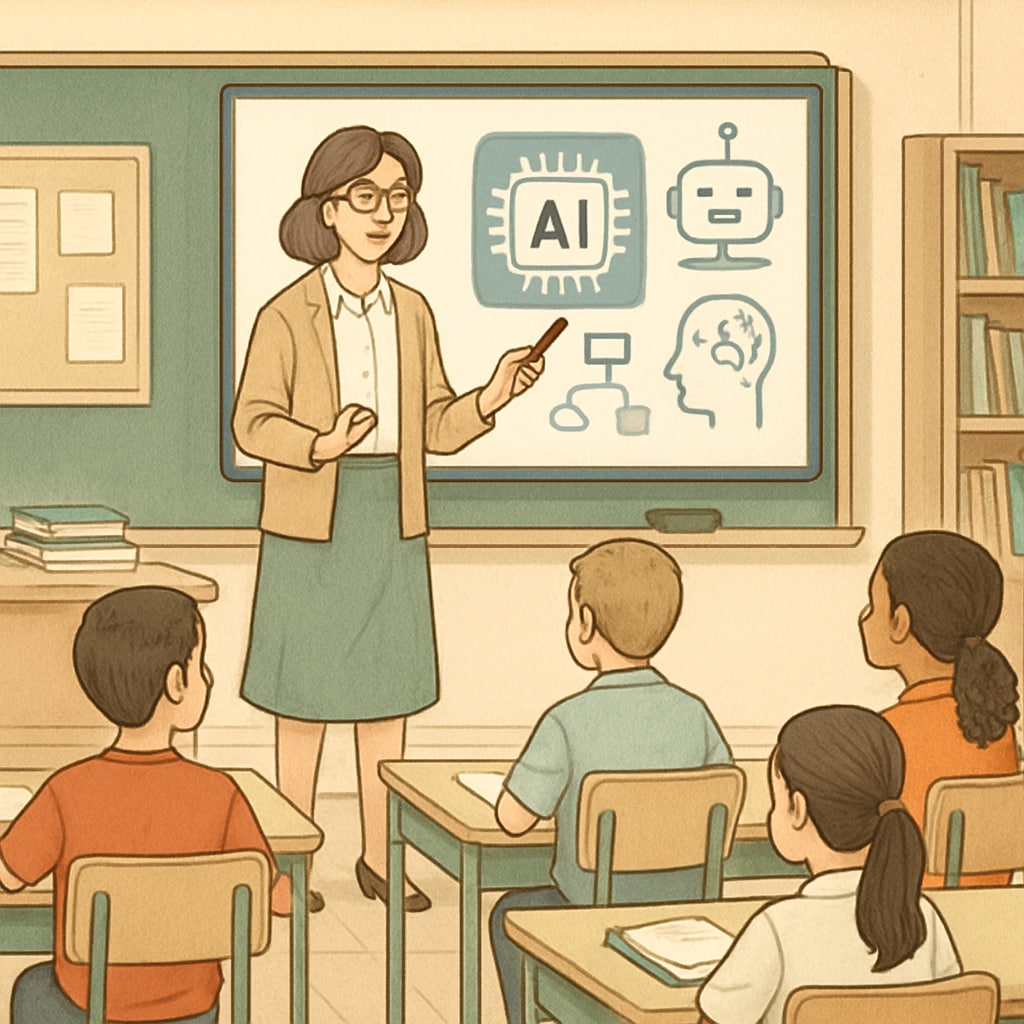 A classroom where students and teachers use AI tools for learning enhancement.