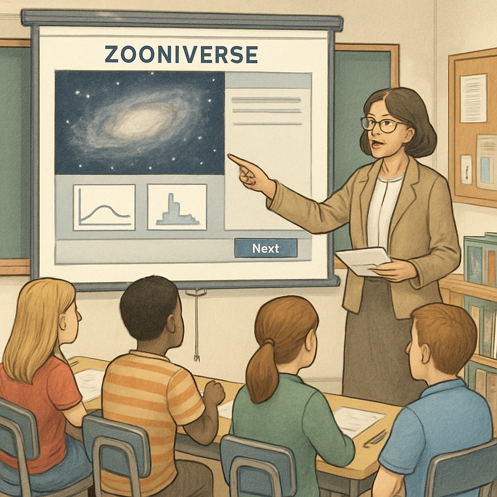 Teacher introducing Zooniverse in a classroom setting for citizen science education.