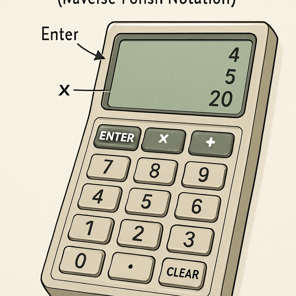 RPN calculator displaying a mathematical operation, illustrating its stack-based logic.