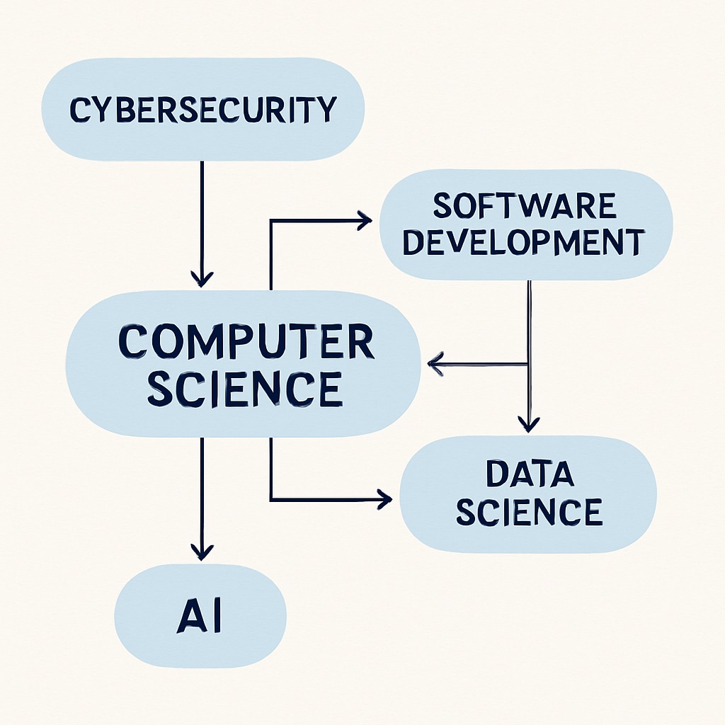 IT career paths flowchart including cybersecurity, software development, and AI.
