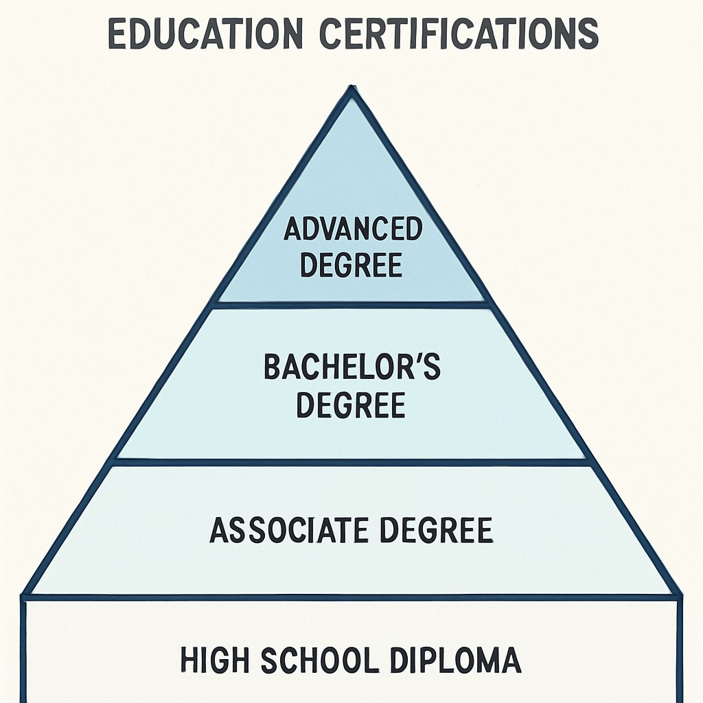 Diagram of education certification levels, from high school to advanced degrees.