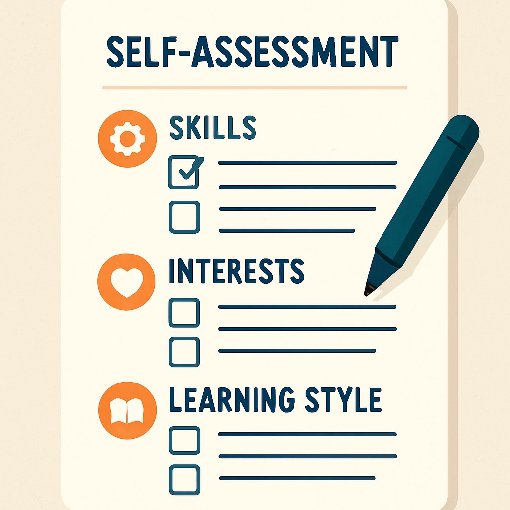 Self-assessment checklist for IT career planning with skills and interests focus.