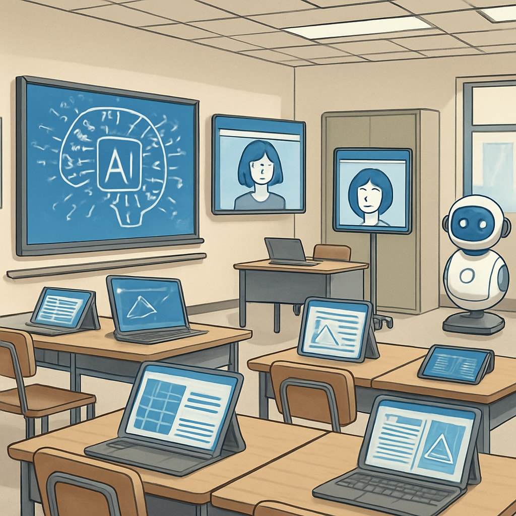 A modern classroom with AI-powered tools assisting teachers, symbolizing the integration of technology in education. AI-powered tools assisting teachers in a classroom setting