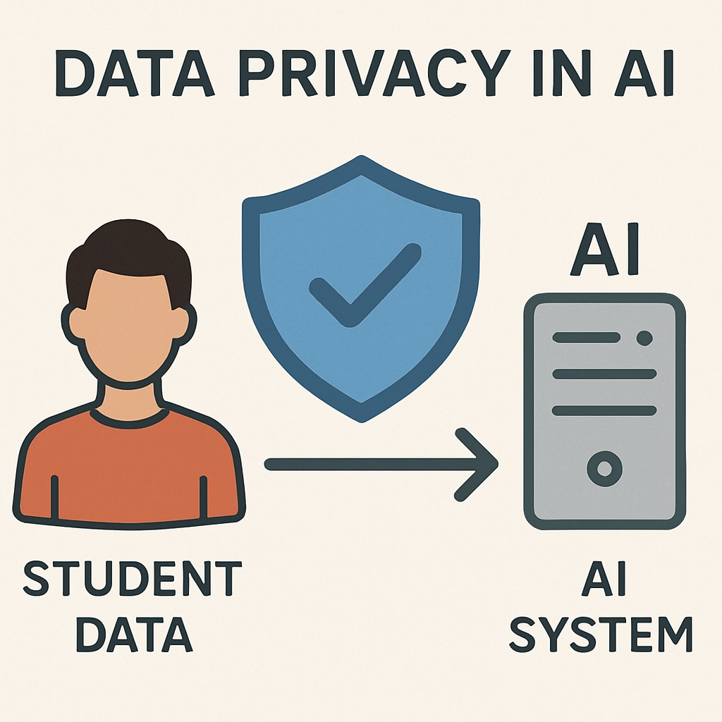 A graphic illustrating data privacy concerns in AI, featuring a shield icon and student data flow. Illustration of AI data privacy concerns in education