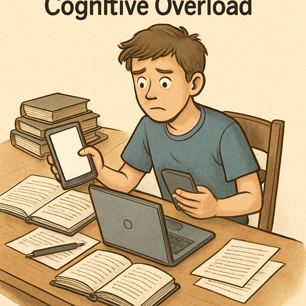 Student struggling with cognitive overload from multitasking on devices