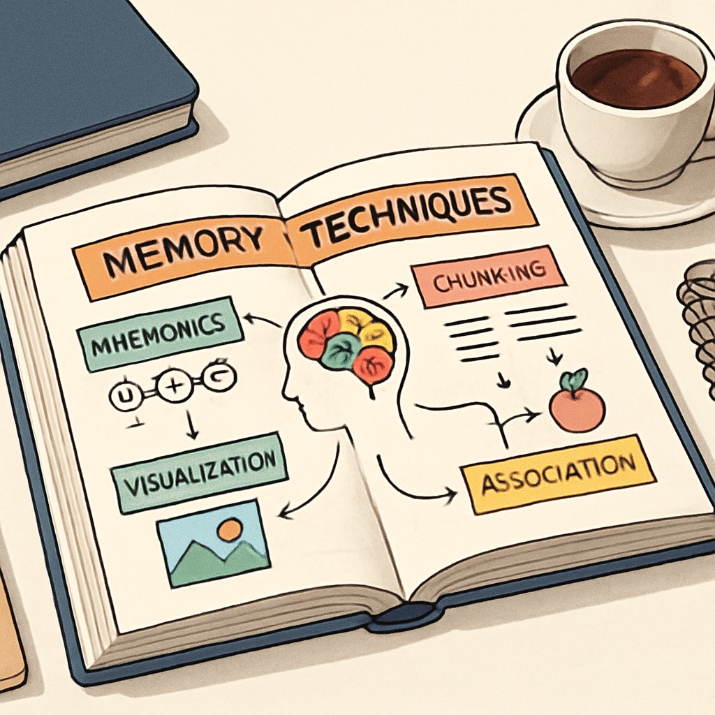 Open book with memory techniques diagram, representing study strategies.