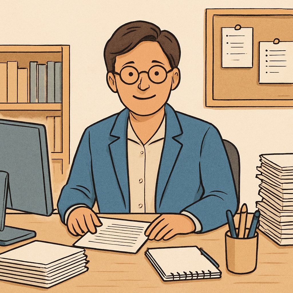 A school administrator working at their desk, surrounded by papers and a computer. School administrator performing their duties, an example of non-teaching careers in education.