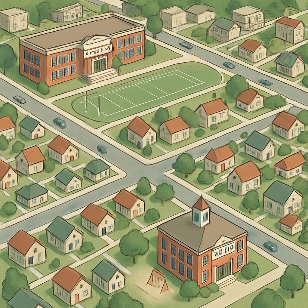 Urban area with schools and residential neighborhoods