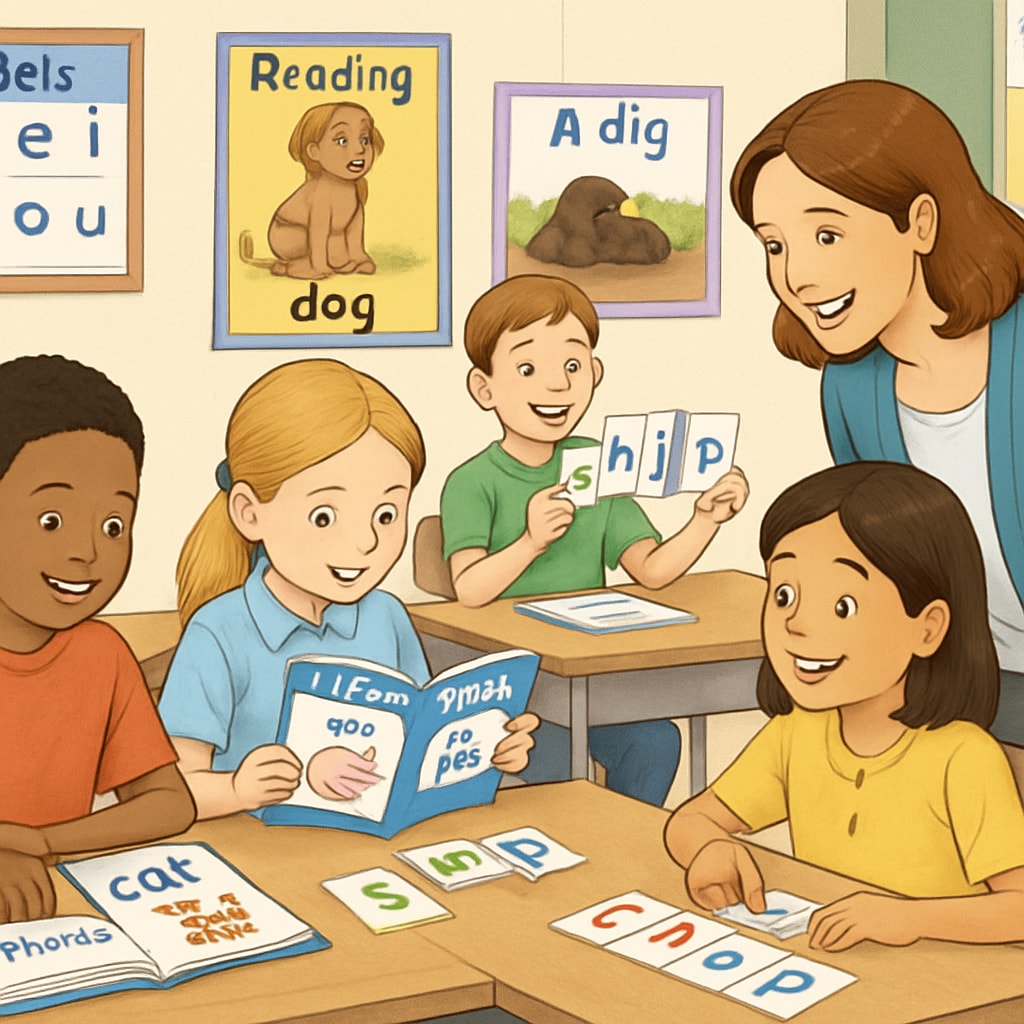 Phonics-based reading practice in a classroom setting.