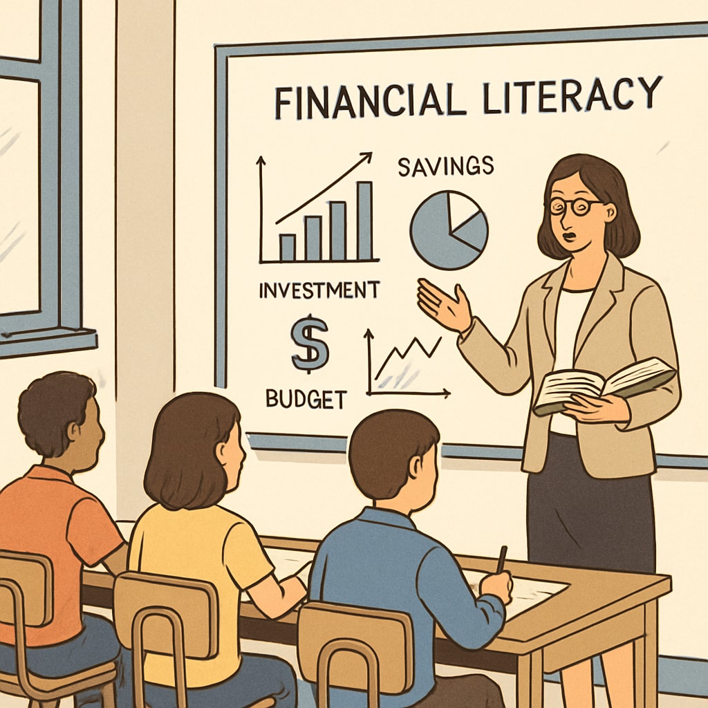 Financial literacy education in school curricula with a teacher and students.